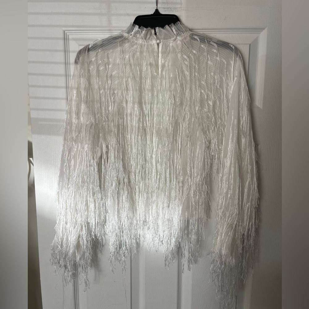 YILIBASHA White Fringe Sheer Blouse XS Fringe Textured Avant Garde Long Sleeve - Picture 4 of 11